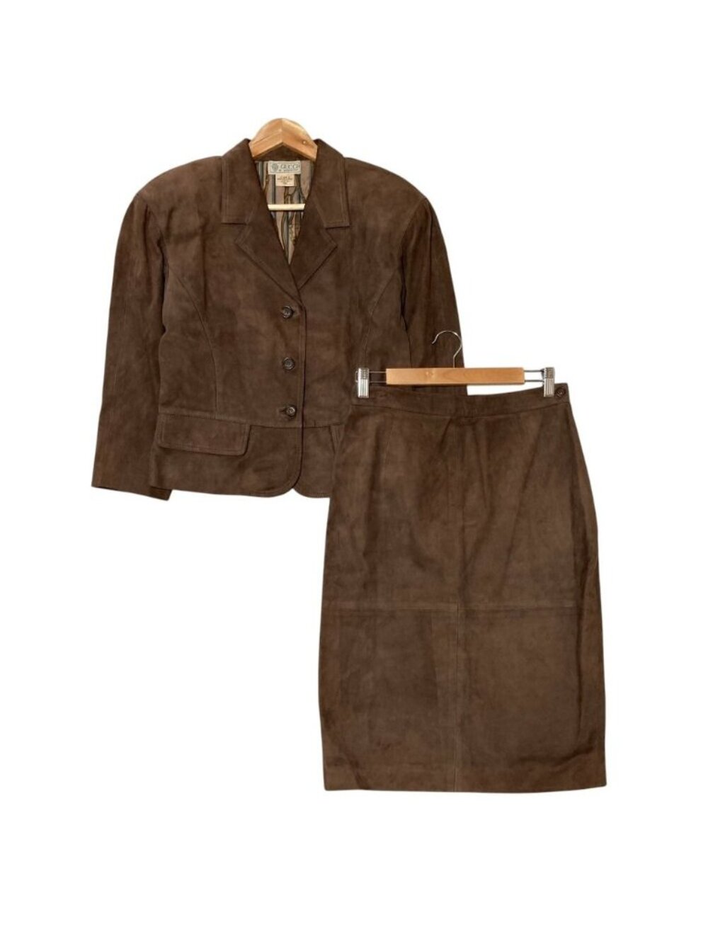 Gucci Vintage Lining Belt Pattern Deerskin Jacket Skirt Set Brown Set Spring 44